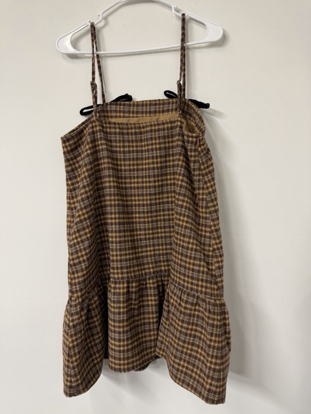 New Cider Women’s Size medium Brown Plaid Ruffle Bowknot Babydoll Mini Dress - Picture 7 of 7
